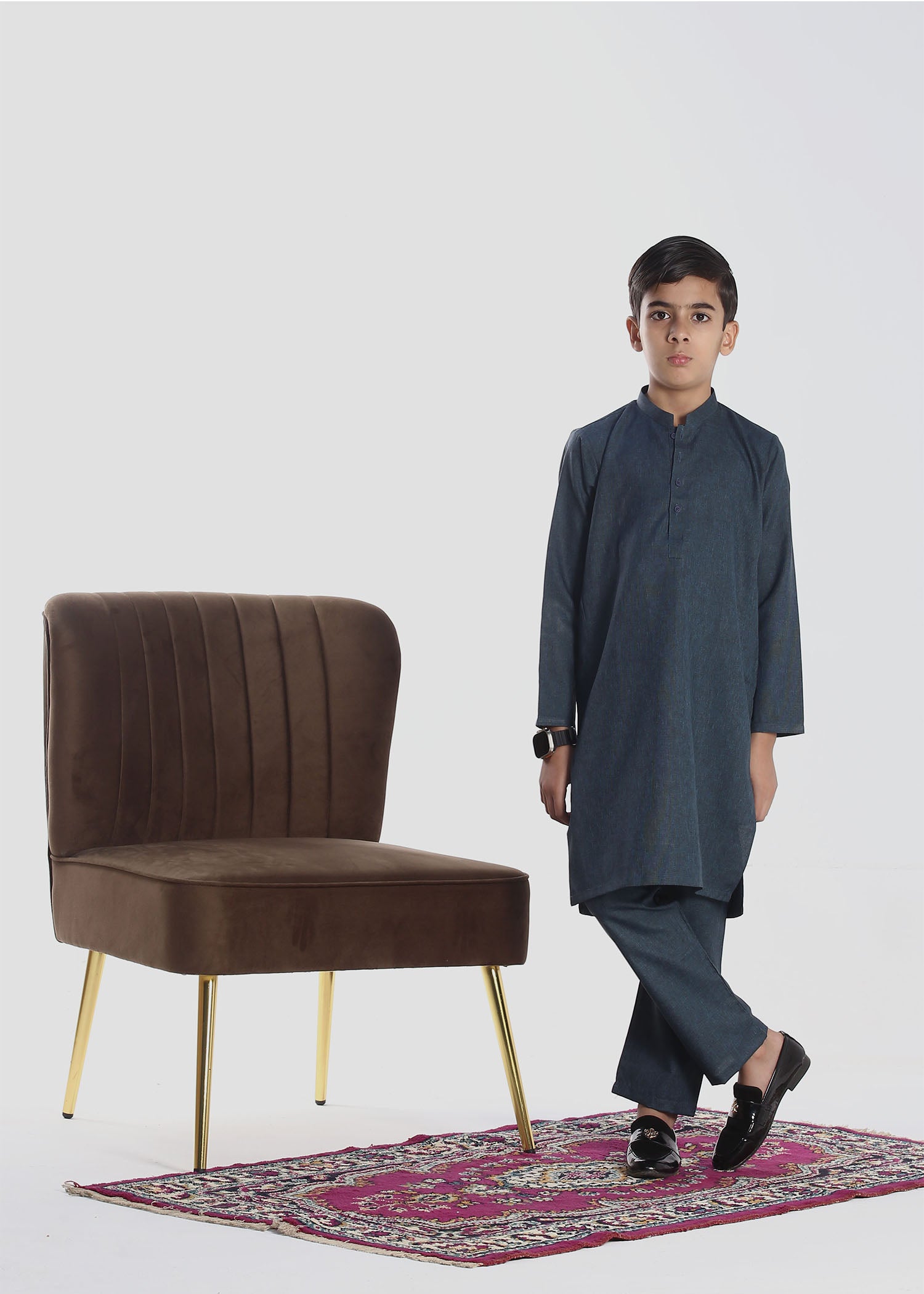 "Traditional boys’ kurta and trouser set for ages 3–14, featuring a long-sleeved kurta with a straight cut and matching trousers, ideal for festive and cultural occasions."
