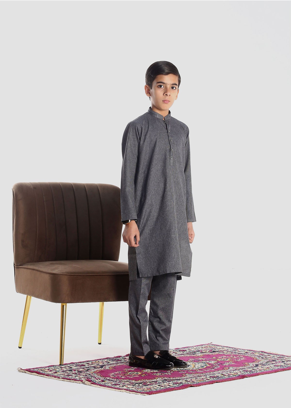 "Traditional boys’ kurta and trouser set for ages 3–14, featuring a long-sleeved kurta with a straight cut and matching trousers, ideal for festive and cultural occasions."
