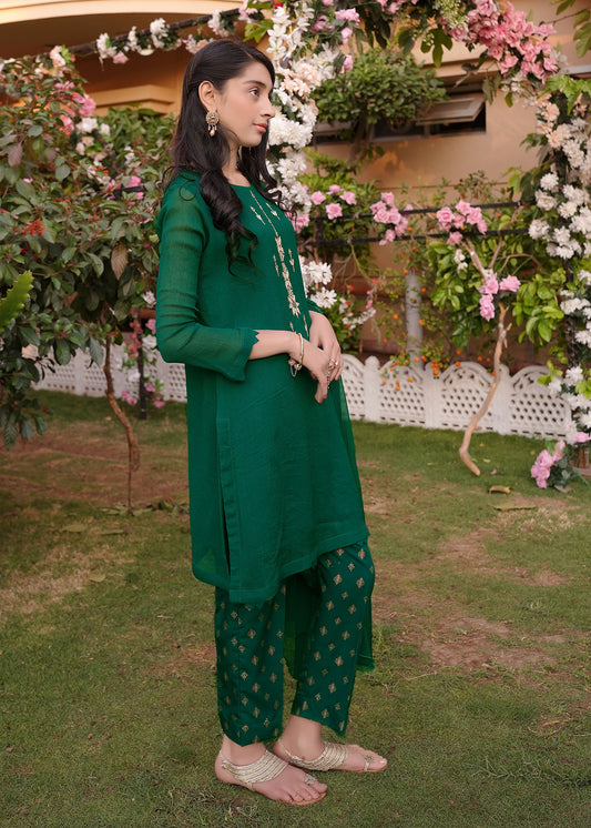 BOTTLE GREEN CHIFFON SUIT