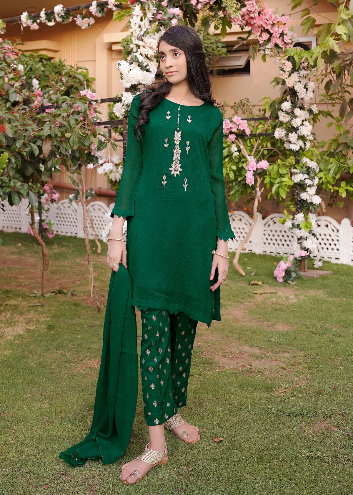 BOTTLE GREEN CHIFFON SUIT