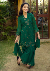 BOTTLE GREEN EMBROIDERED CHIFFON