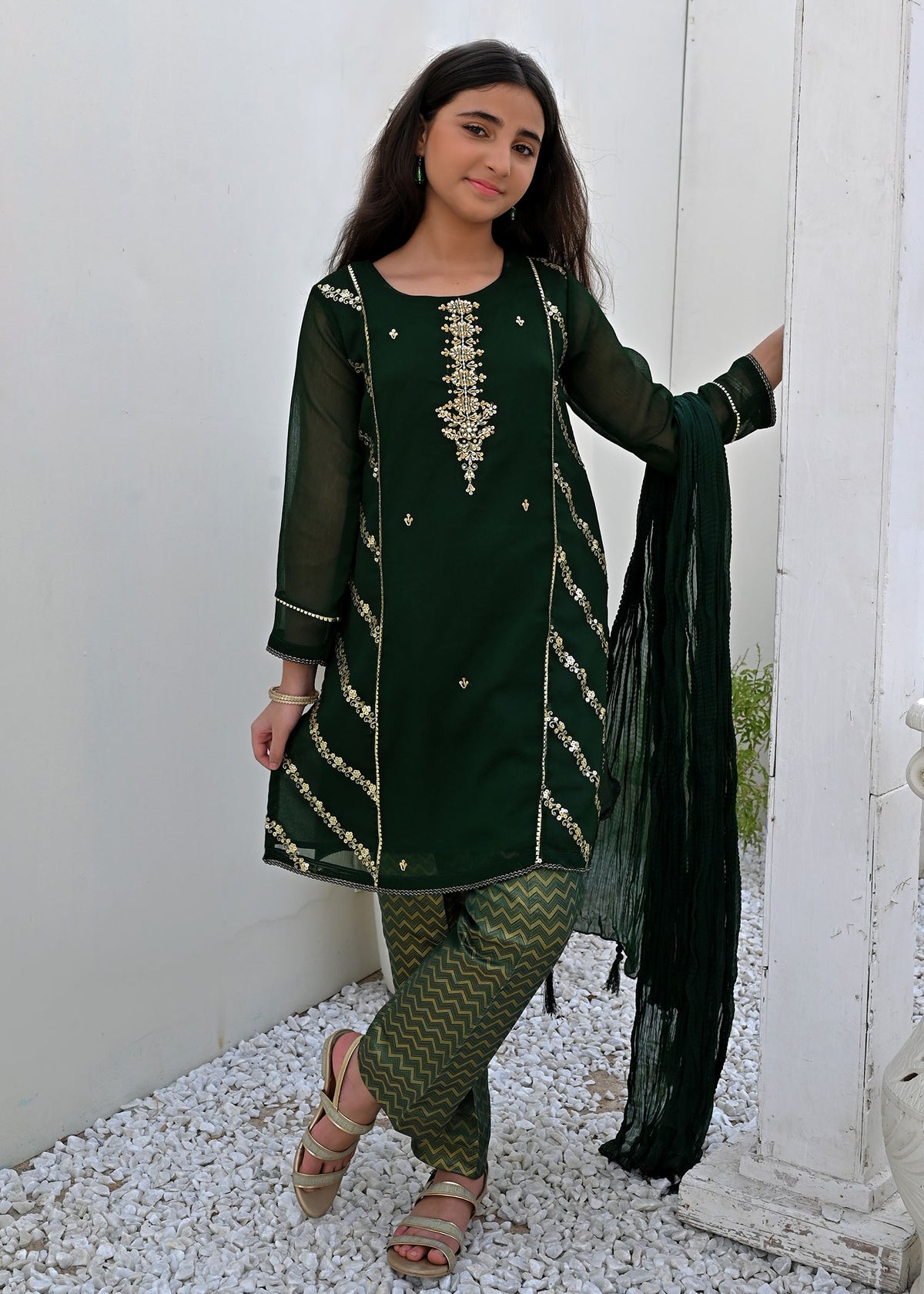 GREEN CHIFFON STITCHED 3PC